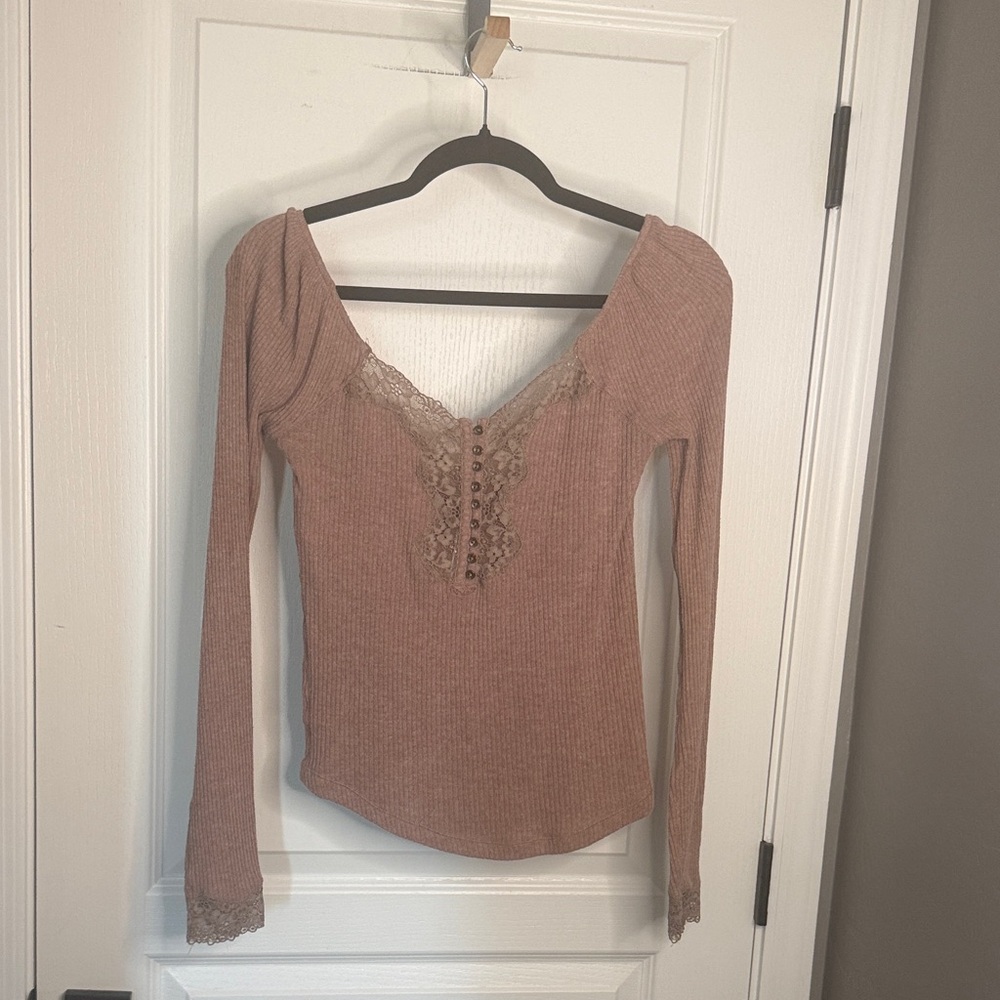 Free People Lace-Trim Ribbed Long Sleeve Top - Mauve Pink
